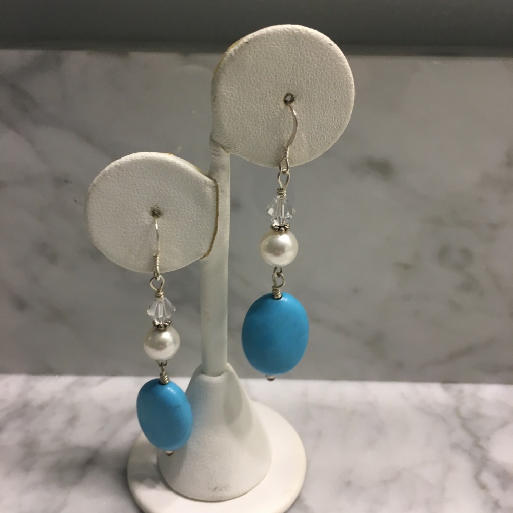 Turquoise, Pearl and Swarovski Crystal Earrings - Picture 3 of 6
